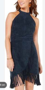Rosie Harlow Faux Suede Fringe Halter Mini Dress Navy XS